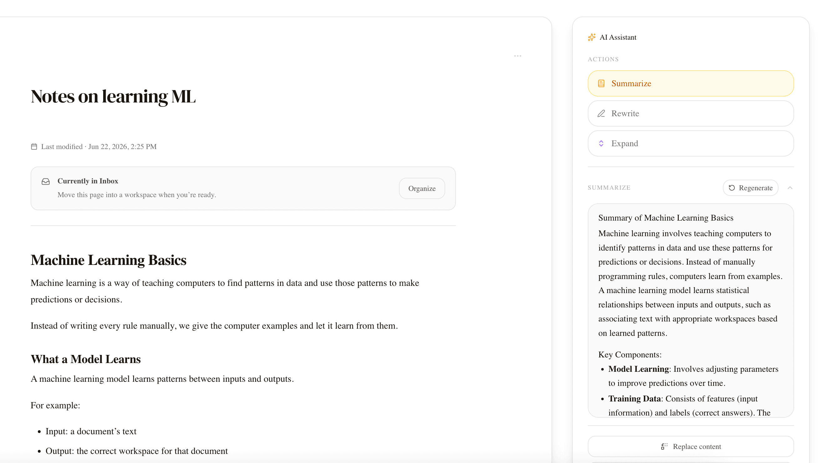 Lume editor with the AI assistant panel generating a summary