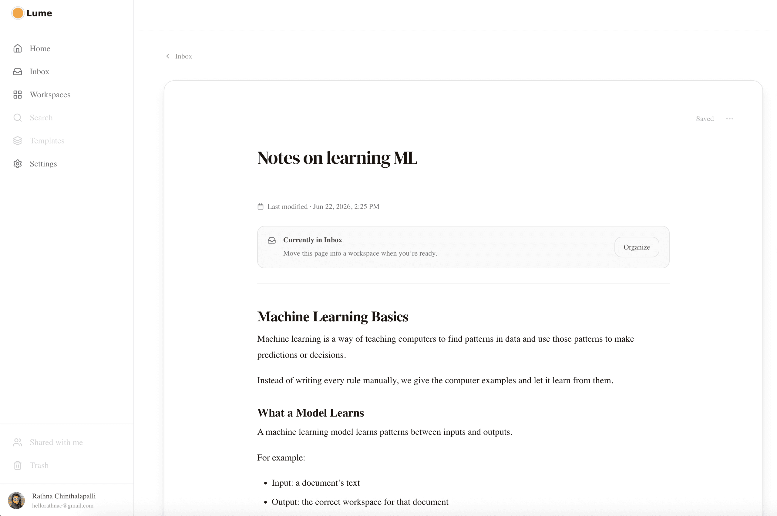Lume editor showing a page started in Inbox